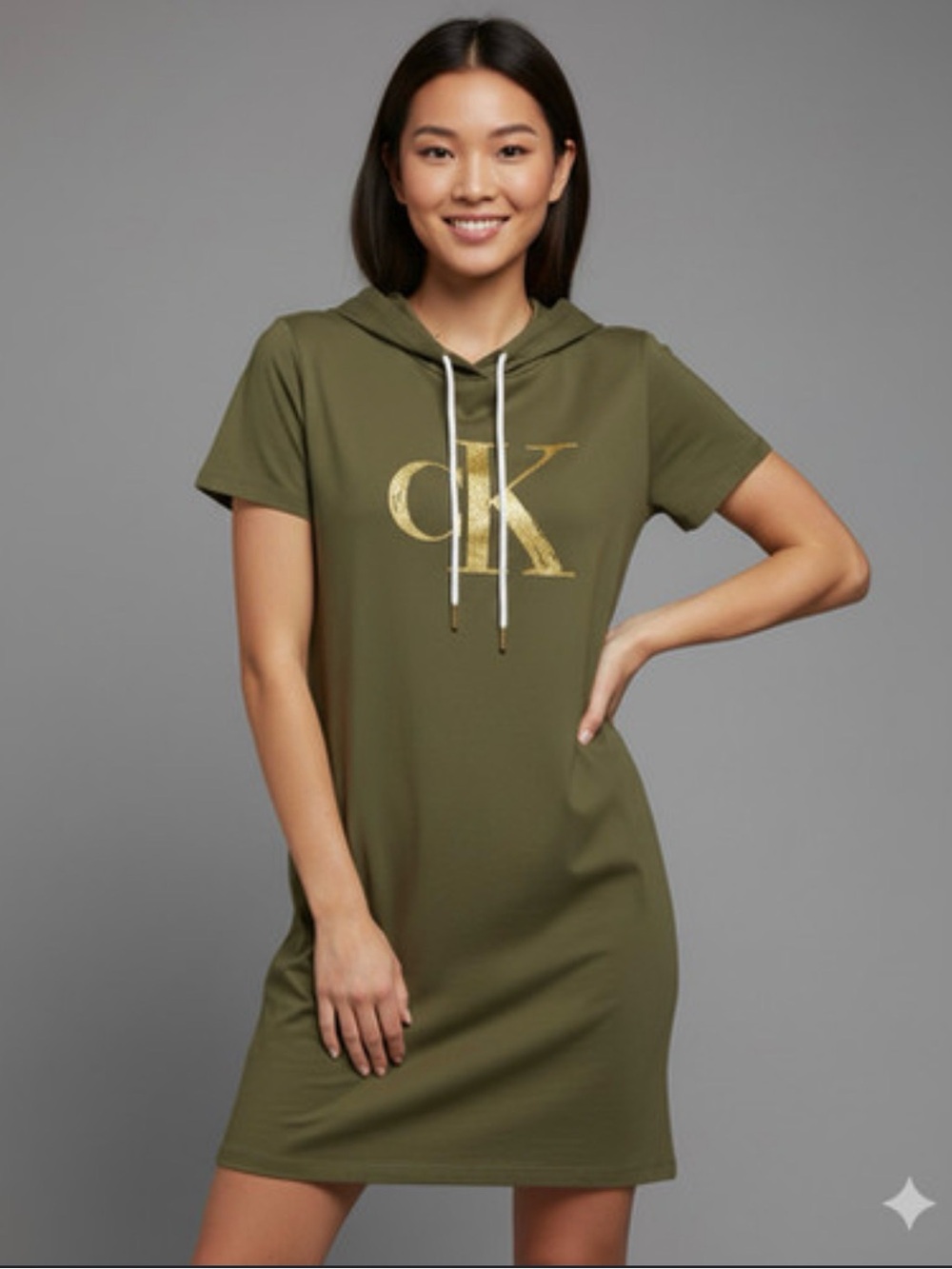Calvin Klein Olive Green Hoodie Midi Dress with Gold Logo